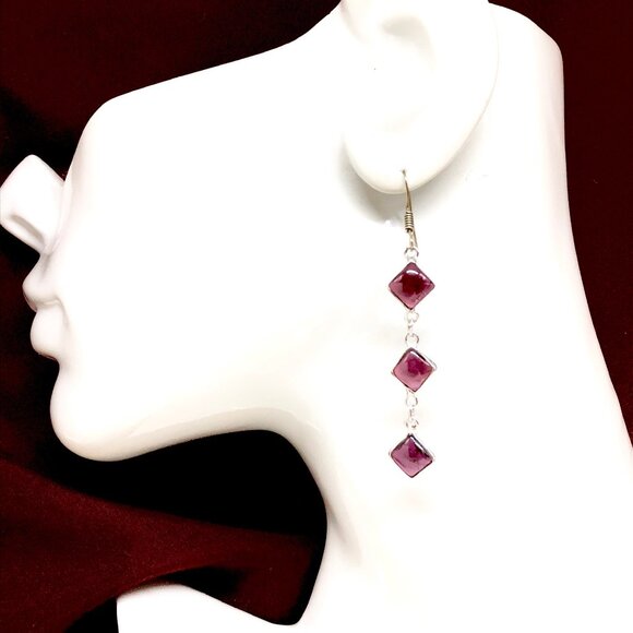 Sterling Silver Dangle Earrings, Stylish Kite cut Red Garnet Earrings - Picture 6 of 6